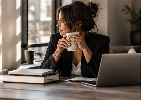 Woman planning at a table with a cup of coffee